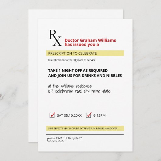Fun Novelty Rx Verschreibung Doktor Rente Einladung (Vorne/Hinten)