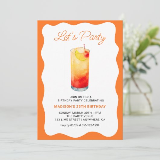 Fun Orange Chic Wavy Summer Cocktail Birthday Einladung (Stehend Vorderseite)