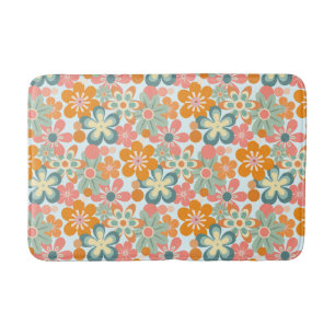 Fun Orange Green Pink Retro Blume Muster Badematte