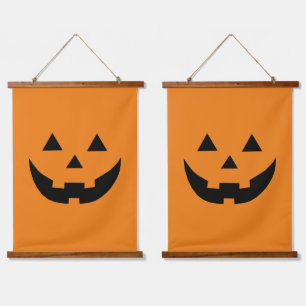 Fun orange Kürbislaterne Kürbisgesicht Halloween Wandteppich Mit Holzrahmen