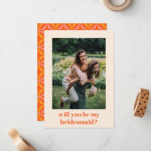 Fun Orange Retro Muster Bridesmaid Vorschlag Mitteilungskarte (Vorderseite/Rückseite Beispiel)