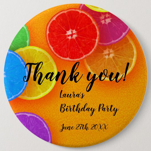 Fun orange Scheiben Vielen Dank Geburtstagsparty Button (Vorderseite)