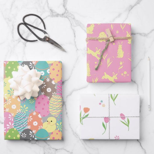 Fun Ostereier und -bunnies, Tulpen und Frühling Geschenkpapier Set (Vorderseite)