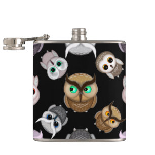 Fun Owl Muster auf schwarzem Hintergrund Flachmann