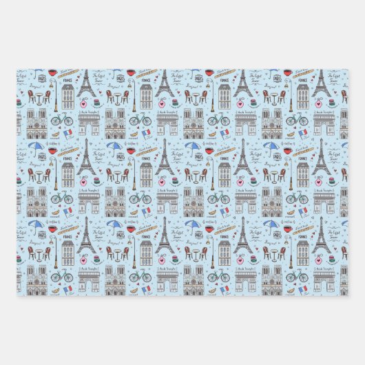 Fun Paris Doodles - 3 Farben Geschenkpapier Set (Vorderseite 2)