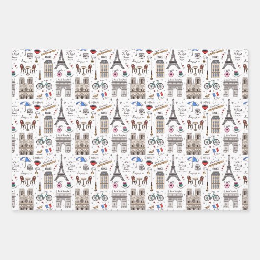 Fun Paris Doodles - 3 Farben Geschenkpapier Set (Vorderseite)