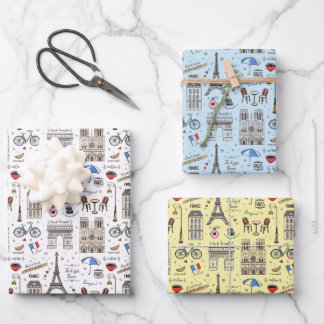 Fun Paris Doodles - 3 Farben Geschenkpapier Set