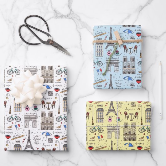 Fun Paris Doodles - 3 Farben Geschenkpapier Set (Vorderseite)