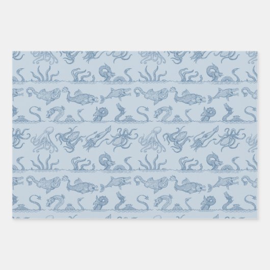 Fun Pastel Blue Sea Monster Zeichne Muster Geschenkpapier Set (Vorderseite 3)