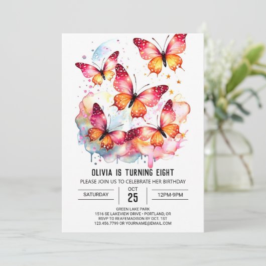 Fun Pastel Butterfly Girl Geburtstag Einladung (Stehend Vorderseite)
