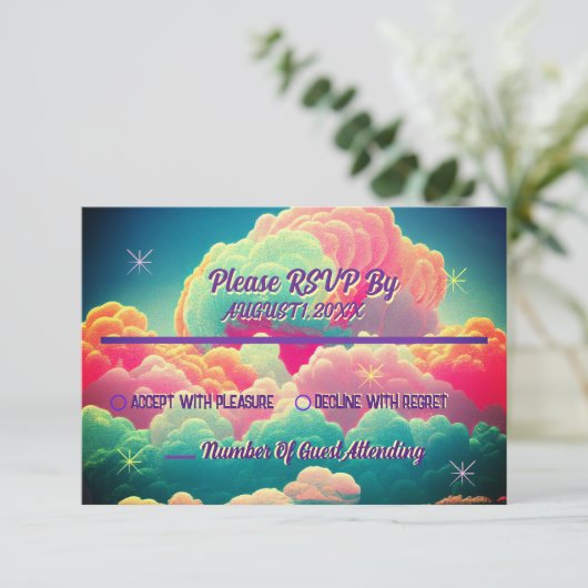 Fun Pastel Cotton Candy Clouds Wedding RSVP (Stehend Vorderseite)