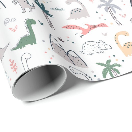 Fun Pastel Dinosaur Scene Pattern Geschenkpapier (Rolleneckpunkt)