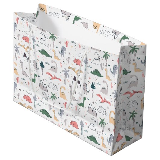 Fun Pastel Dinosaur Scene Pattern Große Geschenktüte (Vorderseite Schrägansicht)