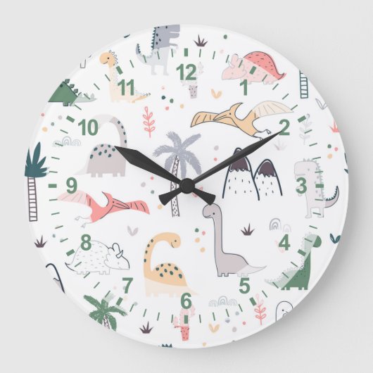 Fun Pastel Dinosaur Scene Pattern Große Wanduhr (Vorderseite)