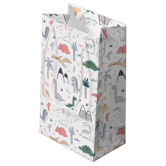Fun Pastel Dinosaur Scene Pattern Kleine Geschenktüte (Rückseite Schrägansicht)