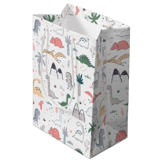 Fun Pastel Dinosaur Scene Pattern Mittlere Geschenktüte (Rückseite Schrägansicht)