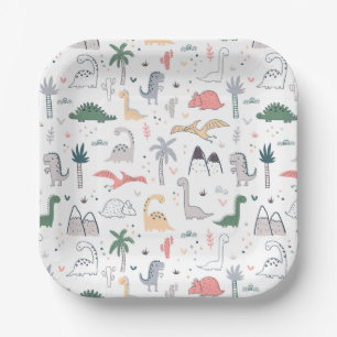 Fun Pastel Dinosaur Scene Pattern Pappteller