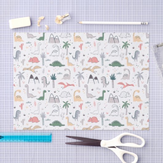 Fun Pastel Dinosaur Scene Pattern Seidenpapier (Handwerk)