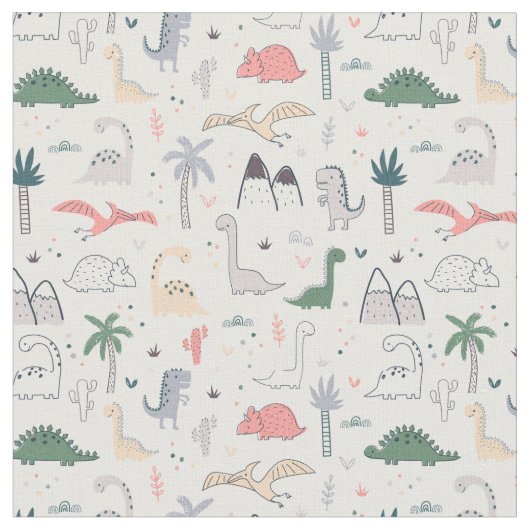 Fun Pastel Dinosaur Scene Pattern Stoff (Nahaufnahme)