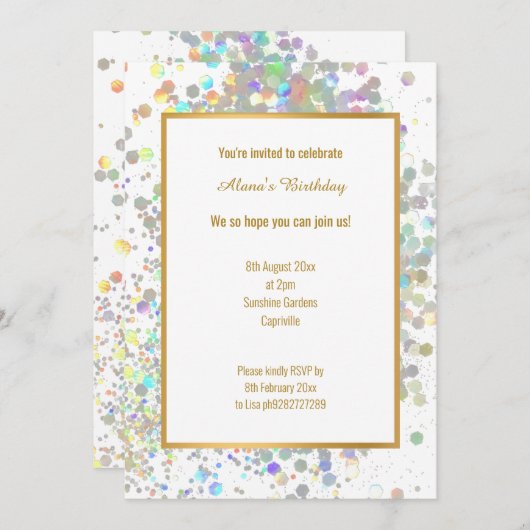 FUN PASTEL RAINBOW WHITE HOLOGRAPHIC SPOT GEBURTST EINLADUNG (Vorne/Hinten)