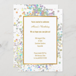 FUN PASTEL RAINBOW WHITE HOLOGRAPHIC SPOT GEBURTST EINLADUNG