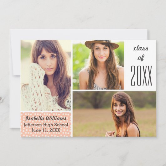 Fun Peach Polka Dot 20XX Abschluss FotoCollage Einladung (Vorderseite)