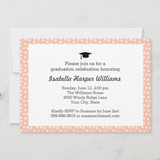 Fun Peach Polka Dot 20XX Abschluss FotoCollage Einladung (Rückseite)