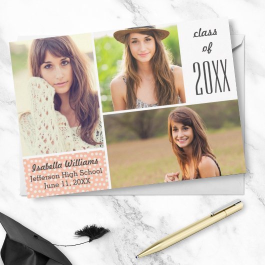 Fun Peach Polka Dot 20XX Abschluss FotoCollage Einladung