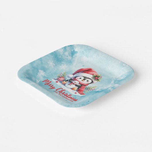Fun Penguin Blau und Rot Frohe Weihnachten Pappteller (Gewinkelt)