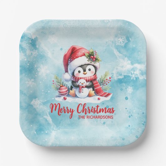 Fun Penguin Blau und Rot Frohe Weihnachten Pappteller (Vorderseite)