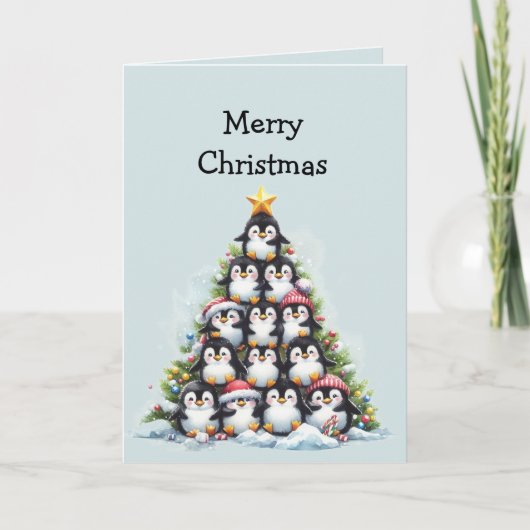 Fun Penguin Christmas Tree Grüße Karte (Vorderseite)