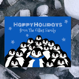 Fun Penguin Family Christmas Blue Postcard Feiertagspostkarte