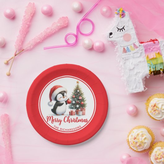 Fun Penguin Red White Custom Frohe Weihnachten Pappteller (Party)