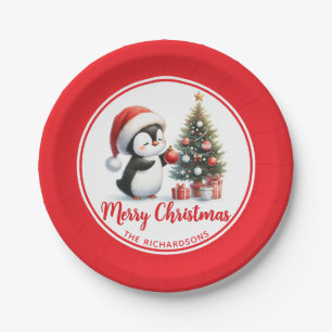 Fun Penguin Red White Custom Frohe Weihnachten Pappteller