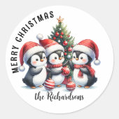 Fun Penguins Custom Familienname Frohe Weihnachten Runder Aufkleber (Vorderseite)