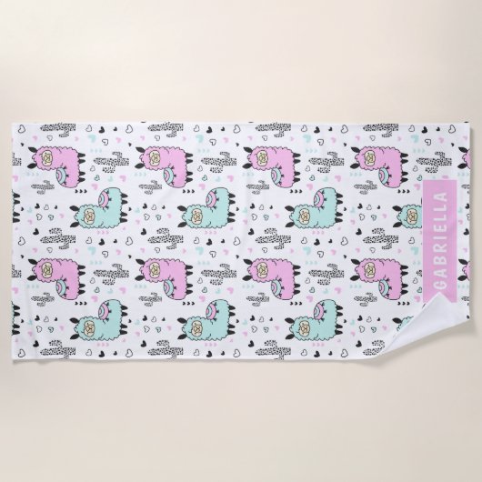 Fun Personalisiert Blue & Pink Llama Strandtuch (Vorderseite)
