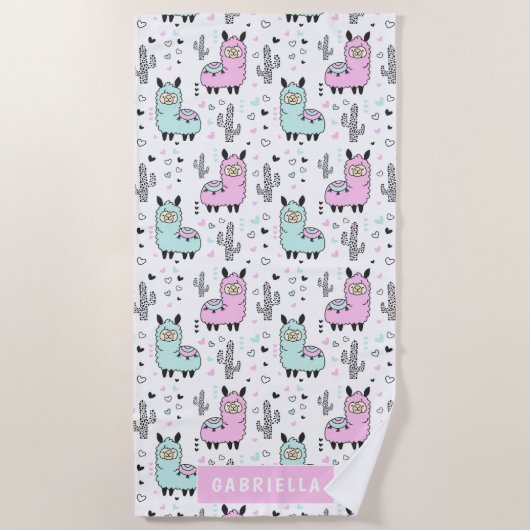 Fun Personalisiert Blue & Pink Llama Strandtuch (Vorderseite)