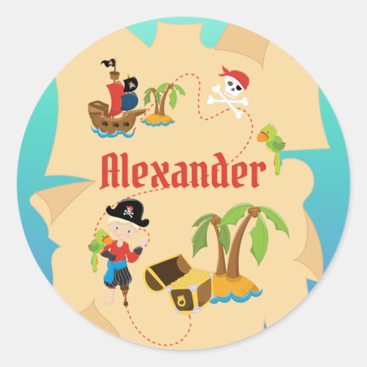 Fun Personalisiert Boy Pirate Schatzkarte Runder Aufkleber (Vorderseite)