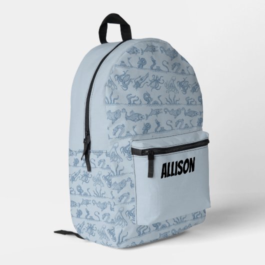 Fun Personalisierte Pastel & Navy Blue Sea Monster Bedruckter Rucksack (Rückseitige Ecke links)