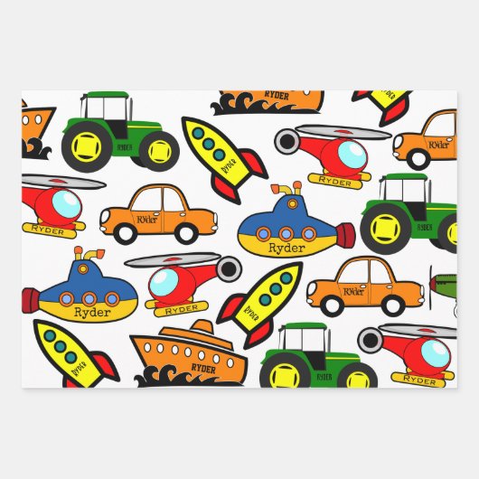 Fun Personalisierte Transportarten Geschenkpapier Set (Vorderseite)
