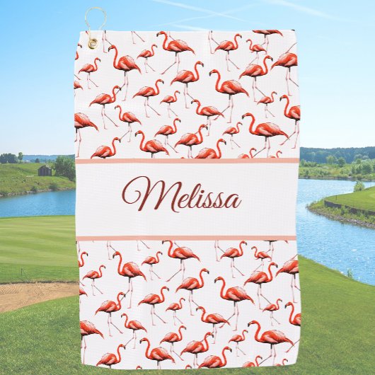 Fun pink and white custom monogram ladies flamingo golfhandtuch