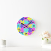 Fun Pink Blue Yellow & Lila Jigsaw Puzzlestücke Runde Wanduhr (Zuhause)