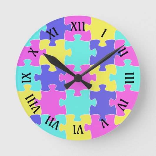 Fun Pink Blue Yellow & Lila Jigsaw Puzzlestücke Runde Wanduhr (Vorderseite)