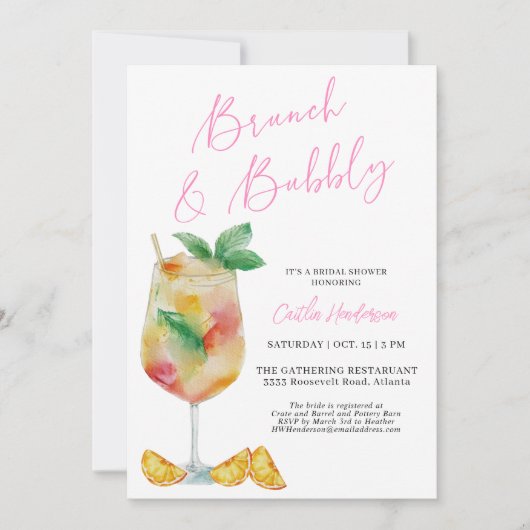 Fun Pink Brunch und Bubbly Champagne Brautparty Einladung (Vorderseite)