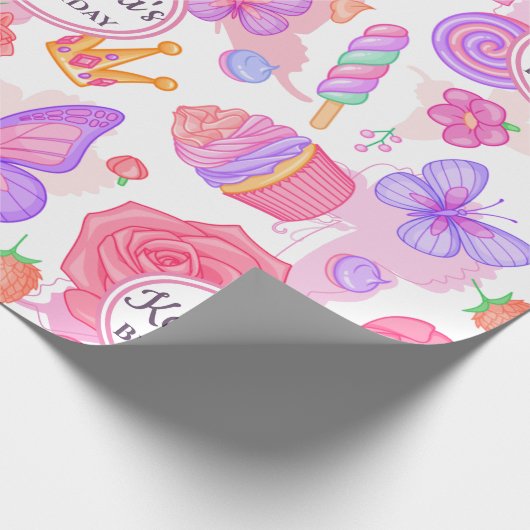 Fun Pink Butterfly, Cupcake, Candy Pattern Geschenkpapier (Ecke)