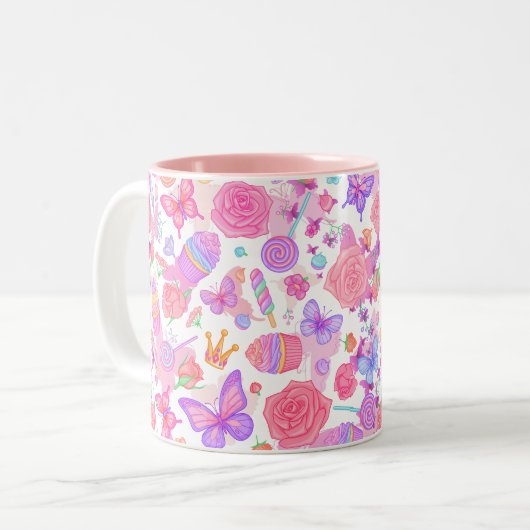 Fun Pink Butterfly, Cupcake, Candy Pattern Zweifarbige Tasse (Vorderseite Links)