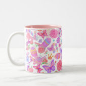 Fun Pink Butterfly, Cupcake, Candy Pattern Zweifarbige Tasse (Links)