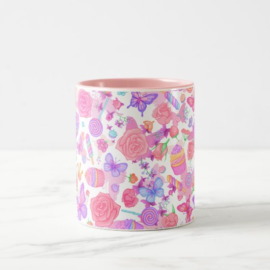 Fun Pink Butterfly, Cupcake, Candy Pattern Zweifarbige Tasse (Mittel)