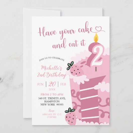 Fun Pink Cake 2. Geburtstag Einladung (Vorderseite)