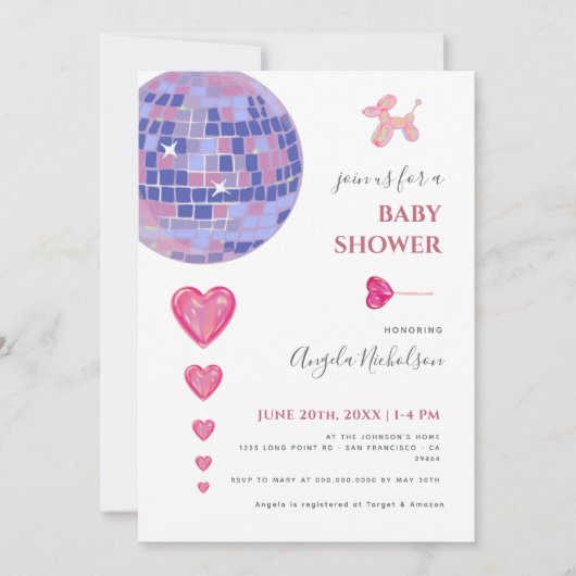 Fun Pink Disco Ball Ballons Girl Baby Dusche Einladung (Vorderseite)